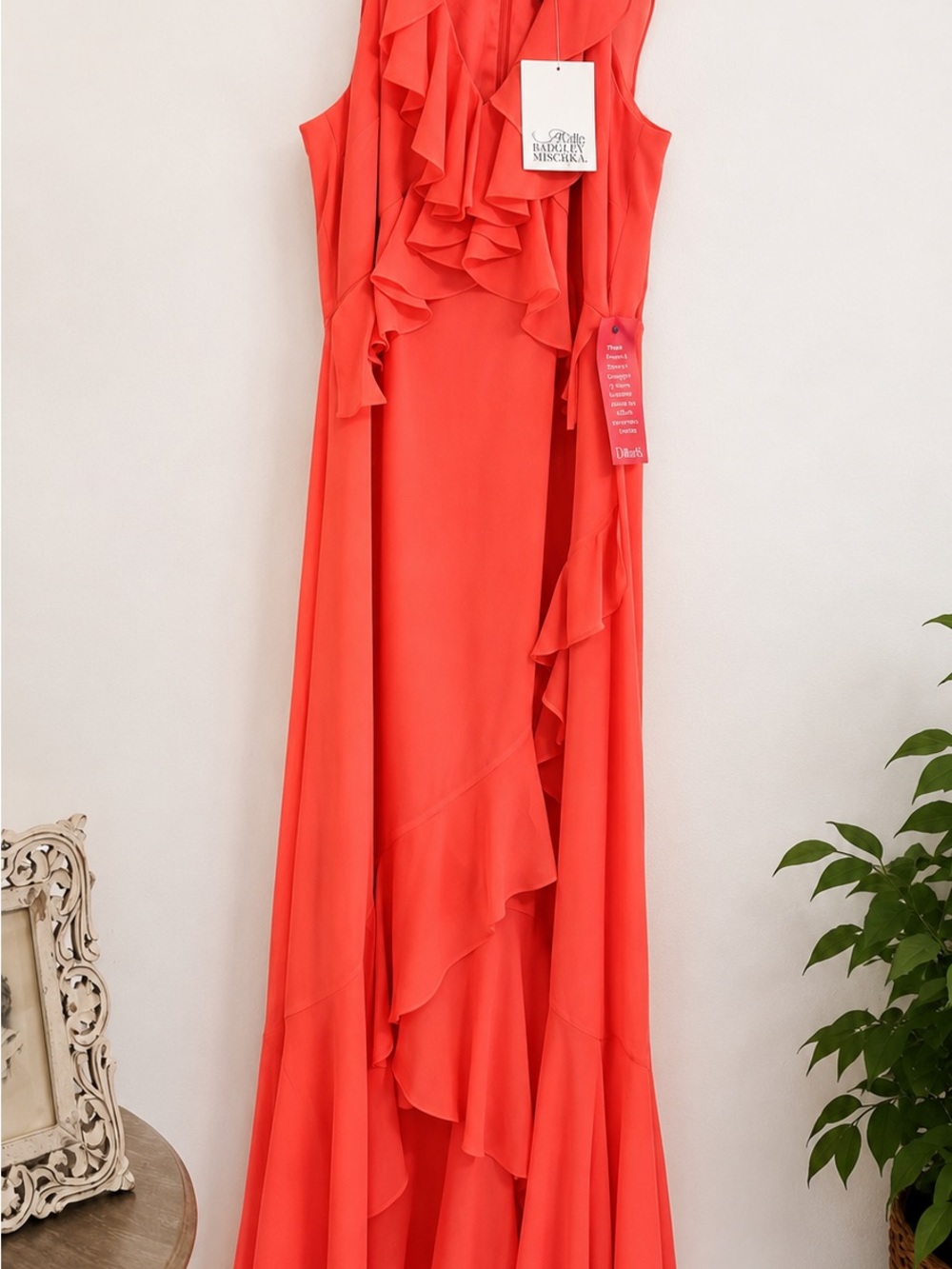 Badgley Mischka Hot Coral Ruffle Front Dress with high low ruffle hem